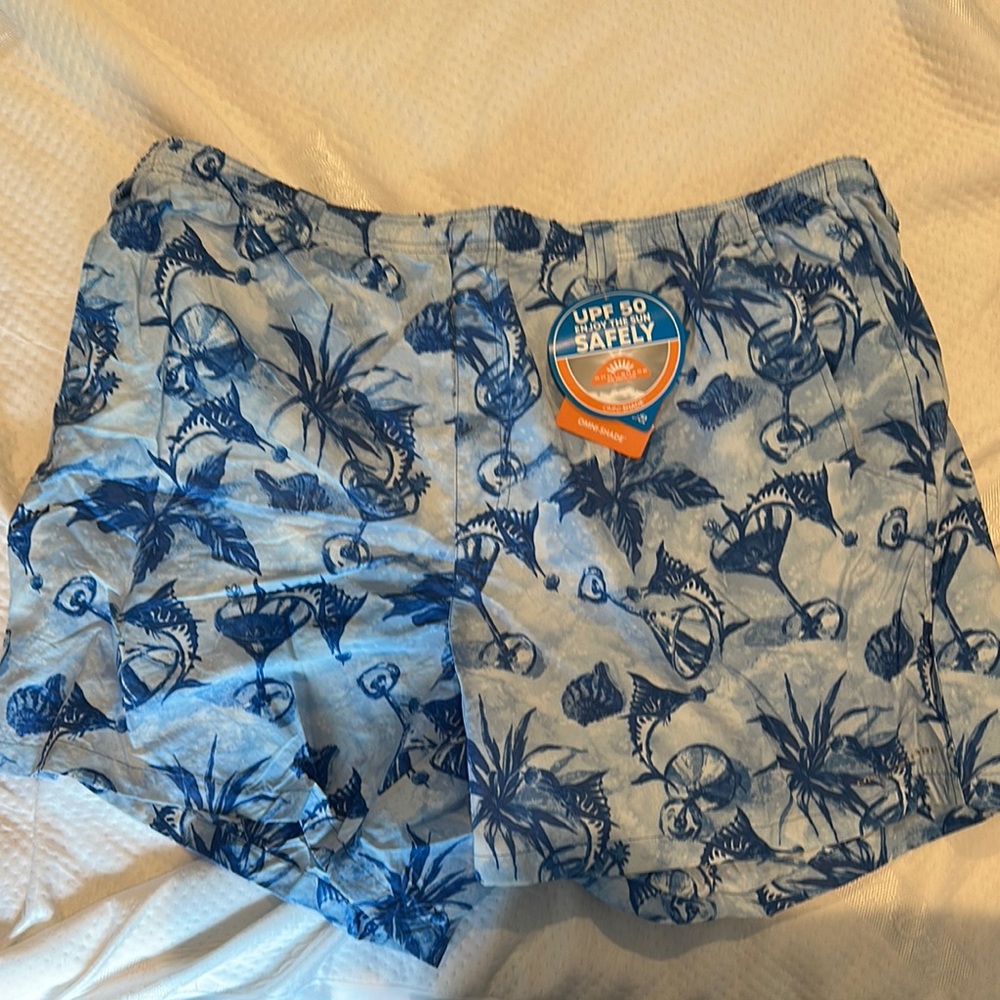 Columbia Blue Athletic Swim Shorts with Tropical Print